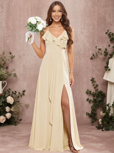 HHSIyz Spaghetti Straps Chiffon Bridesmaid Dresses for Women with Slit Ruffles Long Formal Evening Party Gown4