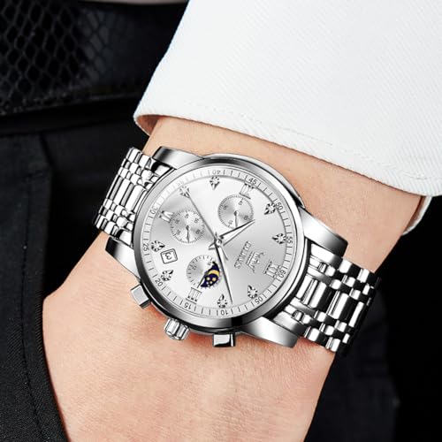OLEVS Watch for Men Diamond Business Dress Analog Quartz Stainless Steel Waterproof Luminous Date Two Tone Luxury Casual Wrist Watch Silver β image 3