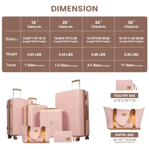 Image of 4-Piece Luggage Sets 16 inch20 inch24 inch28 inch,Suitcases with Double Spinner Wheels and TSA Lock,Hardcase 6 set Luggage with Underseat Duffel Bag