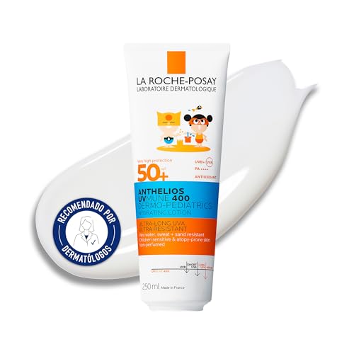 La Roche Posay Protector Solar para Niños, Leche Corporal Hidratante en Tubo de Cartón, Fotoprotección SPF50+, Resistente al Agua, Sudor y Arena, Nuevo Anthelios UV-MUNE 400 Dermo-Pediatría, 250 ml