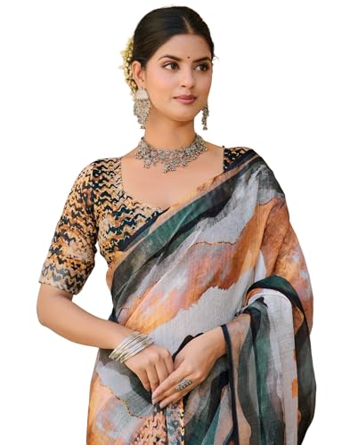 Image of SIRIL Women's Cotton Linen Printed Zari Border Saree with Unstitched Blouse Piece