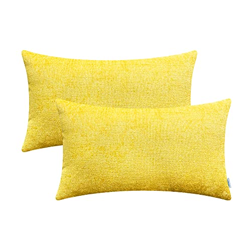 Image of CaliTime Pack of 2 Cozy Bolster Pillow Covers Cases for Couch Sofa Home Decoration Solid Dyed Soft Chenille 12 X 20 Inches Bright Yellow