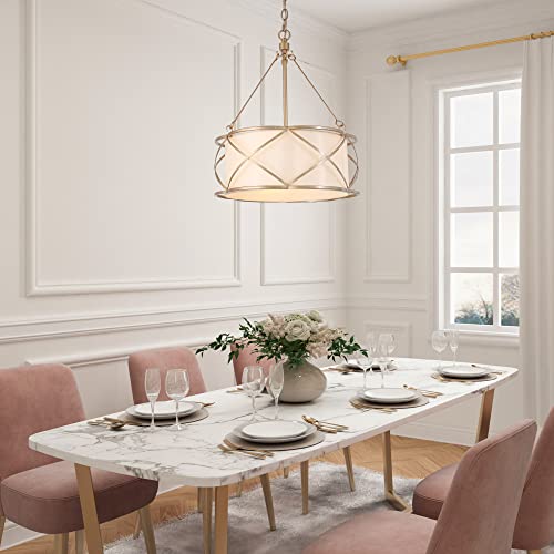 Durent Lighting Modern Gold Chandelier, 3-Light Drum Large Pendant Lighting Fixture with Fabric Shade, Cage Hanging Farmhouse Chandelier for Dining&Living Room, Bedroom, Kitchen, Foyer, Dia 15.7 - Image 4