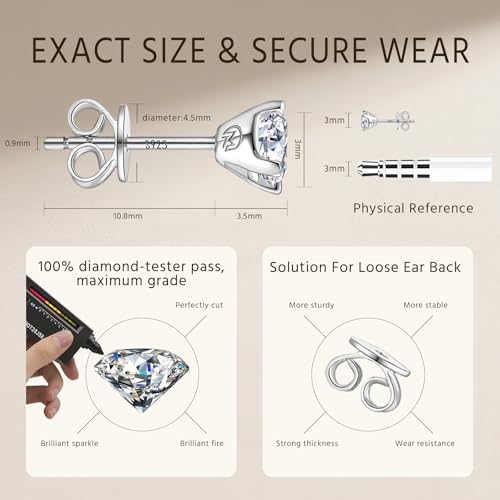 Moissanite Stud Earrings, Rhodium Plated 925 Sterling Silver Earrings Moissanite Jewelry Gifts for Women Men4
