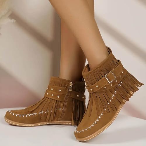 Fringe Boots for Women Western Cowgirl Ankle Boots Suede Round Toe Flats Pull On Short Boots with Tassels Retro Winter Low Heel Ankle Booties3