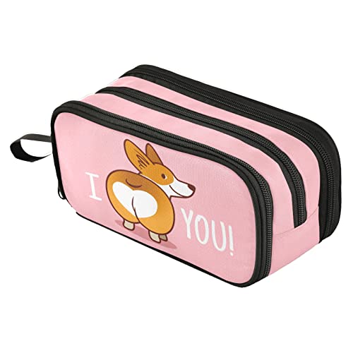 Image of Fustylead Cute Smiling Welsh Corgi Dog Large Pencil Pen Case Stationery Bag, Big Capacity 3 Compartments School College Office Desk Organizer Storage Pouch Marker for Teen Boys Girls Students