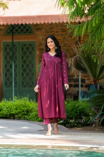 Image of Women's Dhanna Fashion Long Cut Salwar Suit with White Polka Dots,Full Sleeves, V-Neck,, Rayon