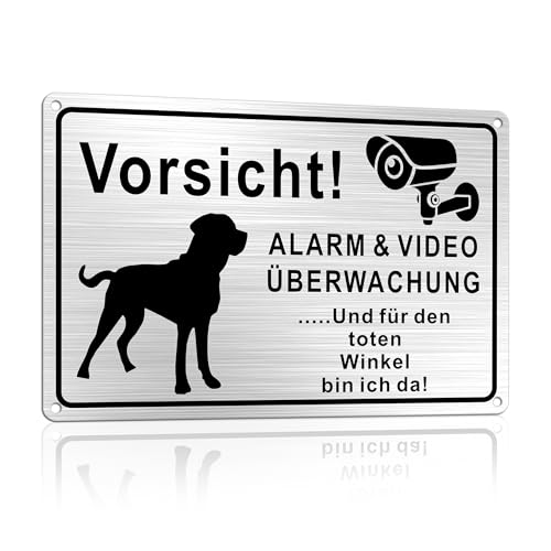 TAKULA Vorsicht Hund Schild ALARM & VIDEO ÜBERWACHUNG 30 * 20cm Videoüberwachung und Hunde Mit Toter-Winkel-Warnung mit Klebehintergrund | 1 Stück