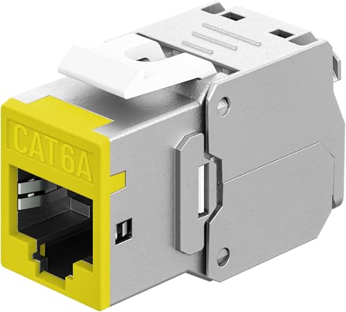goobay RJ45 Kupplung Keystone RJ45 LAN Kabel Verbinder - Slim STP Modul, 16,6 mm breit, werkzeugfreie LSA-Montage, CAT 6A, PoE+ tauglich, Zink-Druckgussgehäuse, 10-Gigabit Ethernet, gelb - 77950