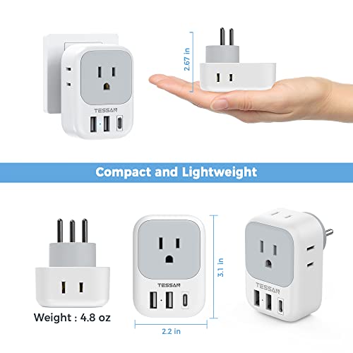 Image of TESSAN US to Israel Plug Adapter, Type H Travel Adaptor | 4 American Outlets,3 USB Charger (1 USB‑C), Ideal for Jerusalem