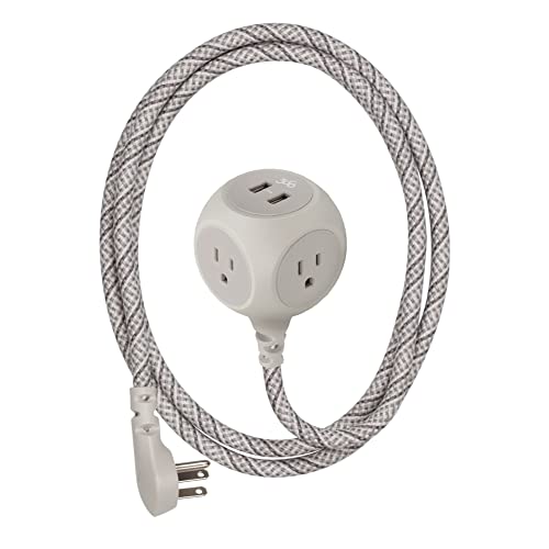 360 Electrical 360461-FG Habitat Braided Extension Cord, French Grey, 6ft, Includes 2.4A Dual USB, 3 AC Outlet, Multi Plug Outlet, Discreet Power Strip Surge Protector and USB Charging Station by 360 Electrical - Used condition - US$18.80
