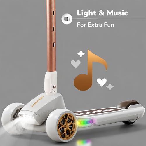 Image of Heega Foldable Kick Scooter for Kids with 4 Level Adjustable Height, PU LED Wheels, Lights and Music for 3+ Years Baby Boy & Girl of Up to 75kg Weight (Cream Gold)