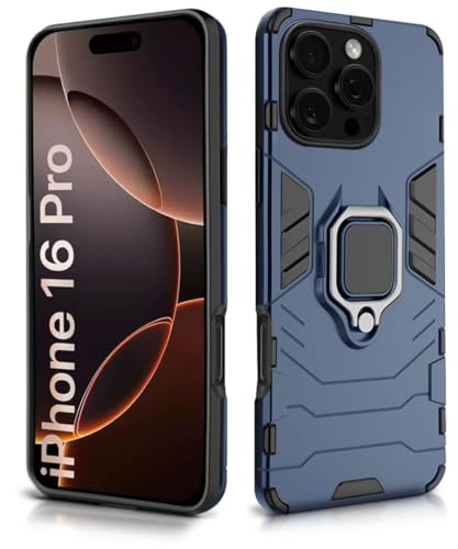 Image of WOW IMAGINE Shock Proof Back Case Mobile Cover for iPhone 16 Pro | Back Cover Case (Tough Armor | Hybrid PC + TPU | Ring Holder & in-Built Kickstand | Blue)