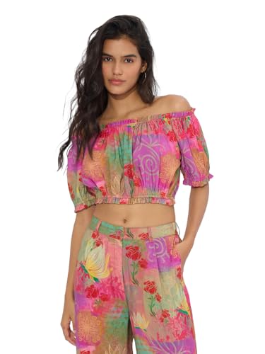 Image of The Souled Store Faded Rose Women and Girls Off Shoulder Short Sleeves All Over Printed Viscose Blend Regular Fit Cropped Tops