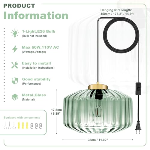 Image of Mint Green Plug in Pendant Light, Adjustable Hanging Light with Plug in Cord On /Off Switch, Striped Glass Chandelier for Bedroom, Kitchen Island, Dining Room