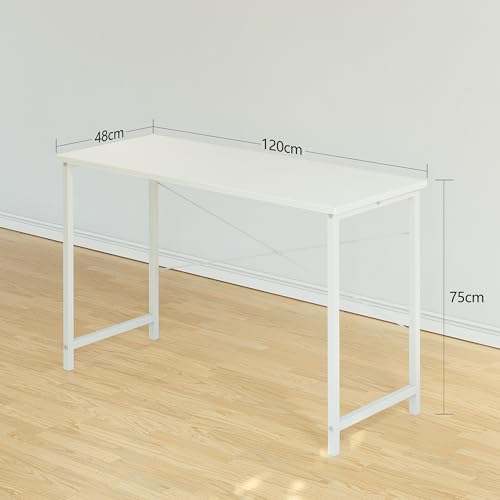CubiCubi Schreibtisch, Kleiner Computertisch, 120 x 48 x 75 cm Bürotisch, für Arbeitszimmer, Schlafzimmer, Industrie-Design, Metallgestell, Weiß