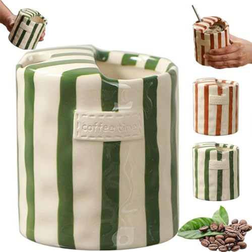 Crazyview Retro Striped Coffee Mug, Hand-Painted Ceramic Coffee Mug Espresso Cup, Vintage Hand-Held Cup, Novelty Double-Enjoy Porcelain Cups for Milk Juice Latte Hot Cold Drinks Beverage (Green)