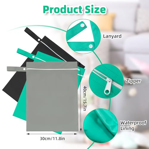 3 Stück Nasstasche, 40 x 30 cm Wäschesäcke Schwimmsachen, Wasserdichter Beutel Wet Bag mit Reißverschluss, Wiederverwendbar Reise Nassbeutel Schwimmen für Badeanzüge, Strandtücher(Gray Green Black)