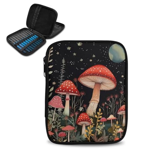 YUVAMAGIMO Red Mushroom Moon Knitting Needle Organizer with Mesh Pockets Crochet Hook Holder Interchangeable Knitting Needle Case for Various Crochet Needles and Knitting Accessories