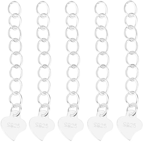 Beebeecraft 1 Box 10Pcs Twisted Extender Chains 925 Sterling Silver Jewelry Extender Extension End Chains with Heart Chain Tabs for Necklace DIY Jewellery Making Crafts (32mm)