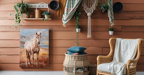 Image of Yihui Arts Hand Embellished Horse Oil Painting Wall Art, Textured Landscape Animal Canvas Decor for Living Room, Bedroom, Office