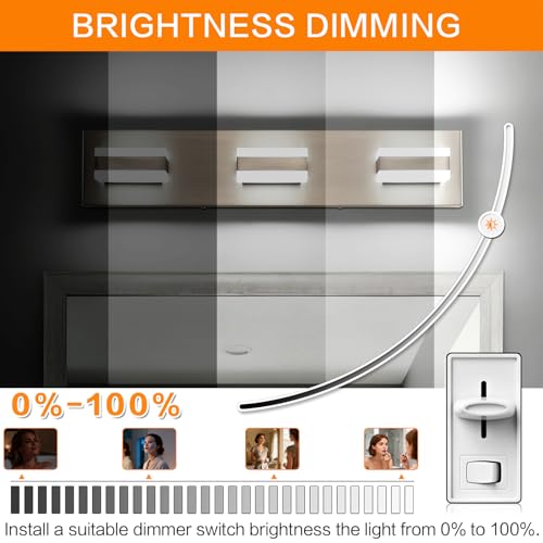 Image of SOLFART Vanity Lighting Over Mirror, 3 Lights Brushed Nickel Bathroom Light, Modern LED Light Fixtures, 5 Color Temperature Adjustable Modern Light for Bathroom ETL Listed