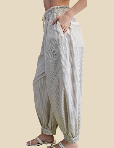 Esmeling Women Casual Striped Parachute Pants Elastic Waist Drawstring Trousers Loose Pants with Pockets3
