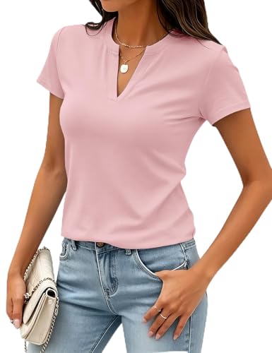 Image of Meetrendi Women's V Neck T-Shirt Cotton Blend Cap Sleeve Crop Tops Slim Fit Basic Tee Summer 2026
