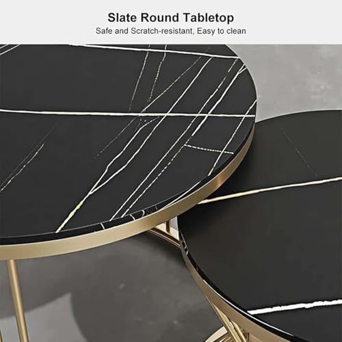 Image of Furniture Cafe Luxury Round Nesting Coffee Table Set of 2 with Black Marble Finish Top & Gold Metal Base | Modern Center Tables for Living Room, Lounge, Bedroom & Office