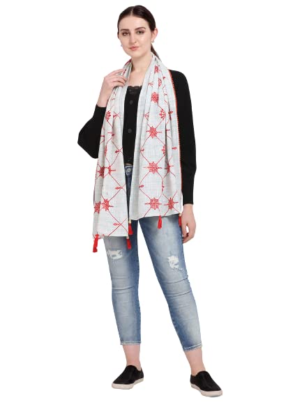 Mesmora Women's Slub Handloom Pure Cotton Mandala Stole Scarf 1.75 X 0.5Mt Party, White Red, One size