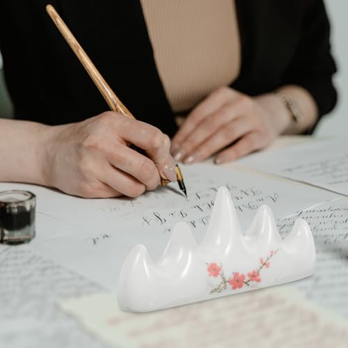 Image of COHEALI Ceramic Calligraphy Brush Holder Set 2Pcs - Five-Finger Plum Blossom Design Pen Rest with Anti-Slip Base for Chinese Painting and Writing