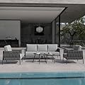 EAST OAK Life Chatter Patio Furniture Set 5 Pieces, Outdoor Furniture 5-Seat Sofa with Two Round Coffee Table, Waterproof Thick Cushion Deep Seating for Porch, Balcony, Earth Black & Misty Grey