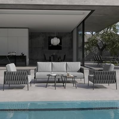 EAST OAK Life Chatter Patio Furniture Set 5 Pieces, Outdoor Furniture 5-Seat Sofa with Two Round Coffee Table, Waterproof Thick Cushion Deep Seating for Porch, Balcony, Earth Black & Misty Grey
