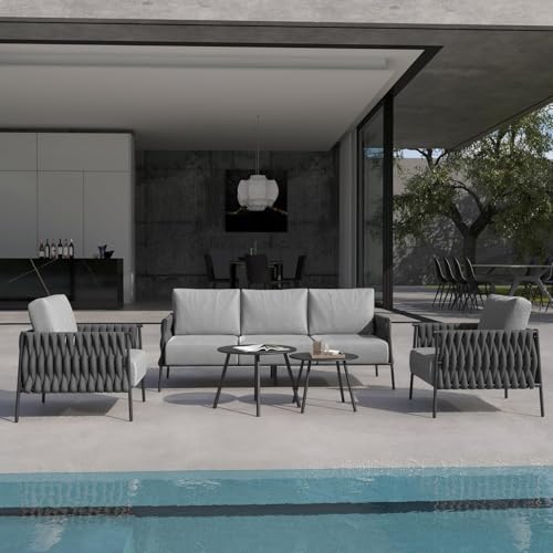 EAST OAK Life Chatter Patio Furniture Set 5 Pieces, Outdoor Furniture 5-Seat Sofa with Two Round Coffee Table, Waterproof Thick Cushion Deep Seating for Porch, Balcony, Earth Black & Misty Grey