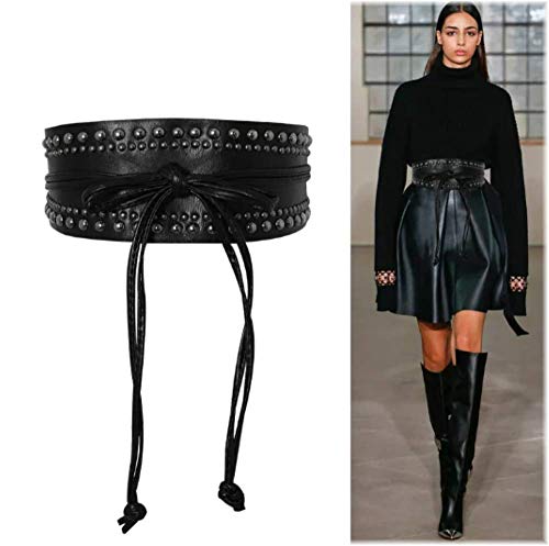 Woman's Black Leather Obi Sash Wrap Tie Plus Size Corset Waist Wide biker Silver studded Leather Belt2