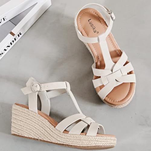Image of Luoika Women's Wide Width Wedge Sandals, Platform Ankle Strap Open Toe Espadrille Wedge Pump Heel Women's Sandals Concise Casual Summer Shoes.
