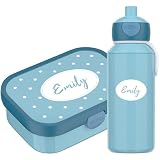 4youDesign Set: blaue Brotdose & Trinkflasche  PUNKTE  mit Namen für Kinder – 6 Farben, 3 Motive, inkl. Dosen Einsatz, Gabel & Pop Up Flasche (Cool Blue)