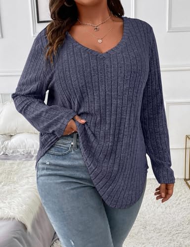 Image of Koscacy Women Plus Size Casual Knit Sweater V Neck Solid Color Tops Lightweight Long Sleeve Blouses