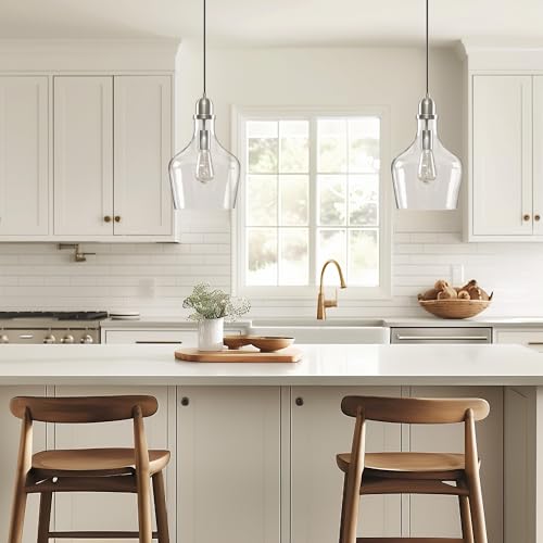 Image of INK+IVY Auburn Pendant Kitchen Lighting for Dining Room, Industrial Lights, Hand-blown Glass Bell Shaped Pendant Light for Kitchen Island, Foyer, Bedroom, 9 inch Dia x 95.5 inch H, Silver /Clear