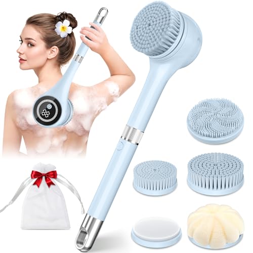 Electric Body Brush Back Scrubber for Shower Waterproof Rechargeable Auto Bath Brush with Long Handle 5 Replaceable Heads & 3 Speeds Deep Cleansing Exfoliating Massage Spin Scrubber for Men & Women