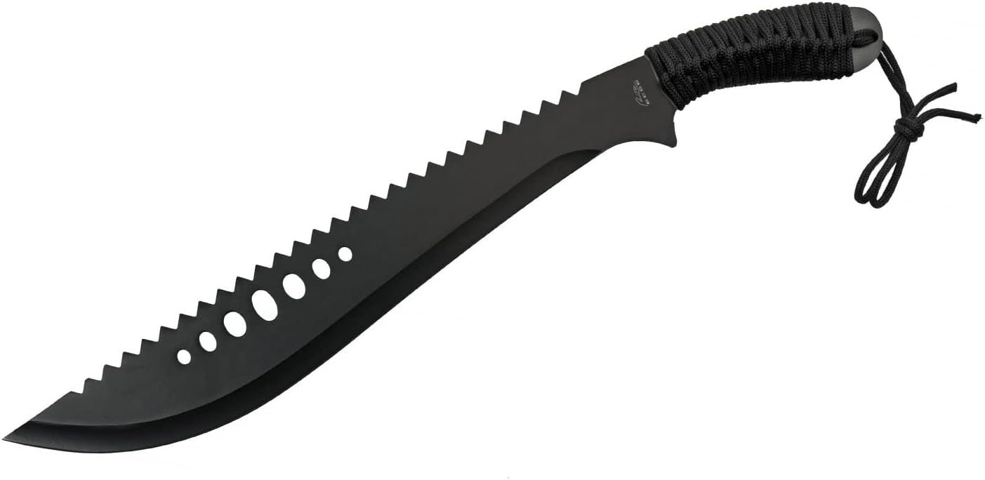 21" Bushweed Hunting Camping EDC Machete Long Knife Curved Sawback Black Full Tang Stainless Steel Blade Cord Wrapped Handle with Black Nylon Sheath