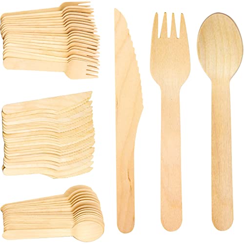 300 Pcs Wooden Cutlery Set Disposable Bamboo Cutlery Eco Friendly 100% All-Natural Birchwood Biodegradable for Picnic Party Celebrations - 100 Wooden Forks 100 Wooden Knives 100 Wooden Spoons