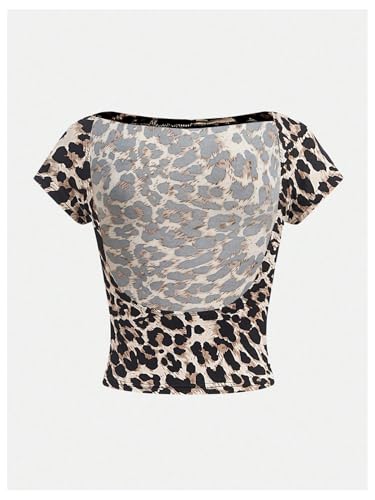 SHENHE Girl's Cheetah Open Back T Shirts Y2k Boat Neck Short Sleeve Fitted Crop Tees2