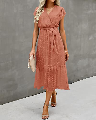 Image of BTFBM Women Summer Bohemian Floral Casual Wrap V Neck Ruffle Cap Sleeveless Belt A-Line Pleated Hem Midi Sun Dress White