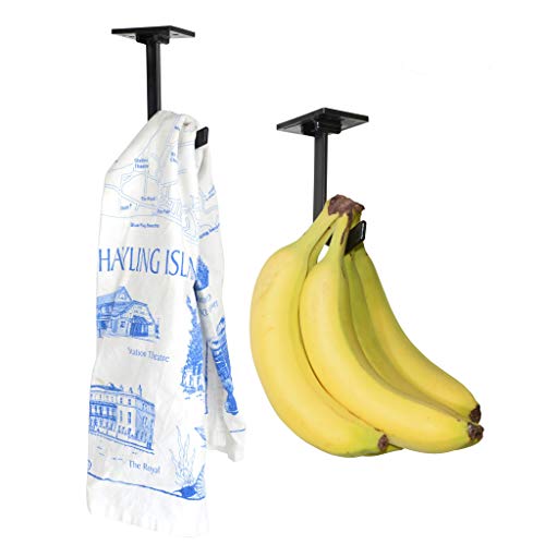 Banana Hanger (2 Pack) – Under Cabinet Hook for Bananas or Lightweight Kitchen Items. Folds-up When Not in Use. Self-adhesive and Pre-drilled Holes (Screws Provided) Keep Bananas Fresh. (Black)