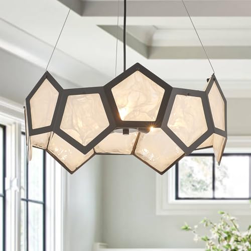 VANZARLA Black Modern Chandelier for Dining Room, 5-Light Glass Chandeliers for Bedroom, Drum Pendant Light Fixtures for Entryway Living Room Hallway Foyer