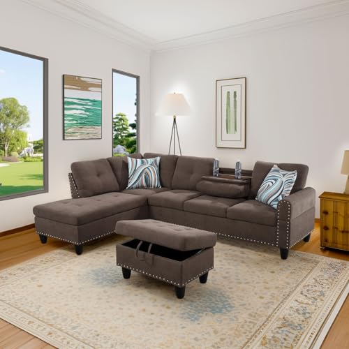 Image of L-Shaped 3-Piece Breathable Fabric Sofa with Ottoman, Sectional Couch Set for Living Room, Office, Apartment, with Cup Holder, Brown