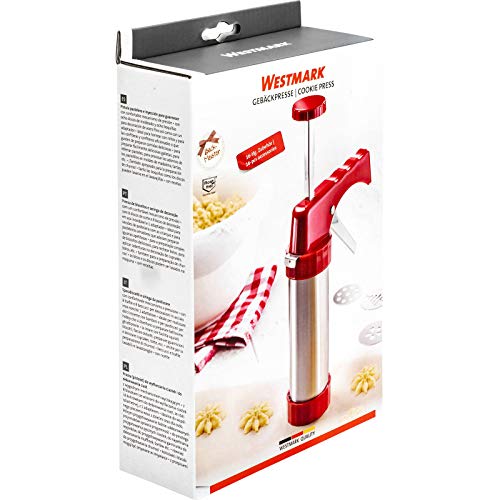 Foto von Westmark Gebäckpresse/Garnierspritze, mit 8 Formscheiben und 8 Formtüllen, Füllmenge: 250 ml, Rostfreier Edelstahl/Kunststoff, Silber/Rot, 32332260, 21.7 x 5.8 x 14.5 cm