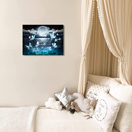 Blue Moon Butterfly Wall Art Ocean Landscape Picture Canvas Print Poster Modern Wall Art Decoration Contemporary Artwork Prints Paintings For Living Room Bathroom Bedroom Home Decorative For Christmas Festival Birthday Gifts 16X24Inch, No Frame #TOP4