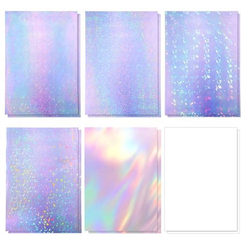 12 Hojas Lámina Holográfica A4 Transparente Adhesivo Imprimible Autoadhesivo Película Laminada Holográfica Impermeable para Manualidades DIY 6 Estilos Papel Brillante